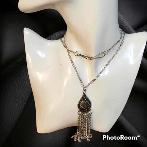 3/$20 VTG Teardrop Fringe Sautoir Pendant Chain Clip Necklace - Picture 1 of 7